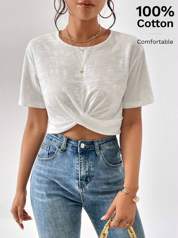 SHEIN Essnce Twist Front Crop Tee
