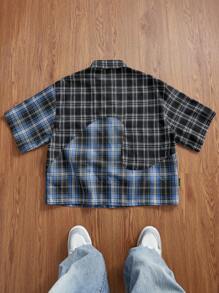SWAVVY Camisa de manga corta para hombres, bloqueo de color negro y azul con diseño de patchwork y corte de forma