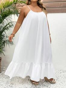 SHEIN CURVE+ Solid Color Plus Size Tank Top Swing Dress,Long Vacation Dress, Wedding Anniversary, White Dress, Long White Dress Boho Vacation