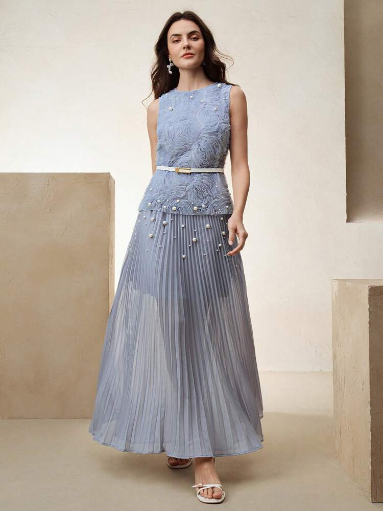 Women's Elegant Sleeveless Pleated Pearl Decor Chiffon Belt Waist Dress, Festival Going Out Vacation Outfits, Modest Style, Spring/Summer