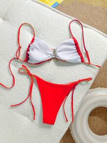 Women's Red Spaghetti Strap Top & Star Print Tie Side Bottoms Bikini Set, Casual Resort Summer Swimwear - Red - View 2