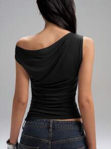 LYSMO Women's Casual Versatile Asymmetrical Shoulder Basic Black Tank Top