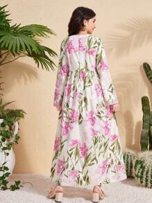 فستان بناتي مطبوع بأزهار الوردي والأخضر مع تفاصيل دانتيل في الياقة والأكمام، فستان أنيق ناعم بخصر مطوي، كامل الطول، أكمام طويلة، للربيع والصيف