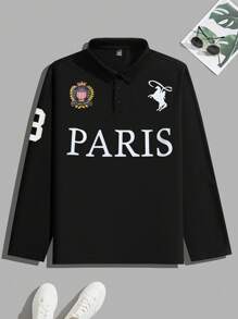 Manfinity Homme Plus Size Men's Button-Front Short Sleeve Letter Print Casual Polo Shirt