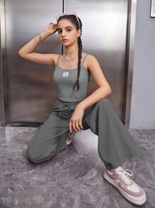 SHEIN Teen Girls' Solid Color Sports Sleeveless Top And Leggings Set - Grey - View 6