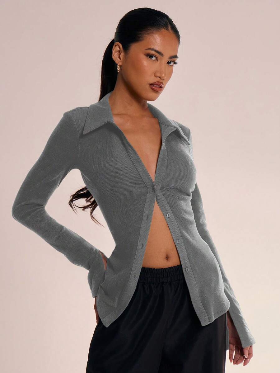 MUSERA Button Up Collar Shirt Cute Elegant Holiday Fall Back To School Autumn Winter  Party, Elegant - Grey - View 1