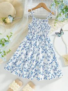 Young Girls Elegant Floral Print Strap Long Dress, Featuring Bowknot Shoulder Straps, Flared Dress Hem With Ruffle, Charming & Fashionable, Suitable For Spring/Summer Holiday, Best Birthday Gift