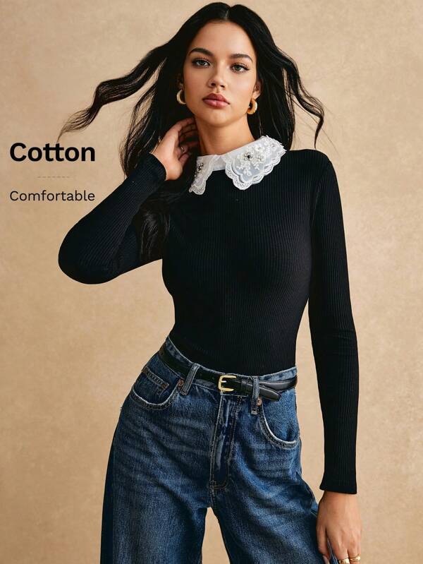 Poéselle Guler din organza brodat Top din tricot cu coaste, guler decorat cu paiete, stil elegant