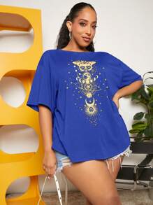 SHEIN CURVE+ Plus Size Round Neck Short Sleeve Printed Simple T-Shirt, Casual Everyday Wear