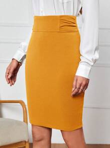 SHEIN Clasi Women Plain Color Pleated Slim Fit Mid-Length Skirt, Casual Vacation Wear