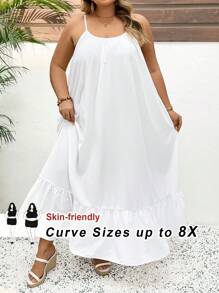 SHEIN CURVE+ Solid Color Plus Size Tank Top Swing Dress,Long Vacation Dress, Wedding Anniversary, White Dress, Long White Dress Boho Vacation