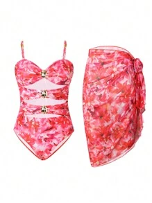 SHEIN Swim Elegant Beach Outfits For Women: 1pc Swimsuit With Coverup, Skirt And Sarong For Summer Beach Vacation