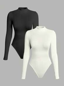 Easithlete 2pcs Seamless High Elasticity Ribbed White Long Sleeve Sports Bodysuit