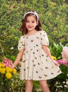 SHEIN Young Girl Gathered Puff Sleeve Fitted Woven Dress