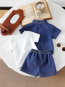 SHEIN Vintaside Kids 男婴夏季牛仔套装，时尚翻领短袖上衣搭配短裤，简约风格，宽松版型，适合户外玩耍、休闲居家、日常运动、派对活动 - 藍色 - 查看 3