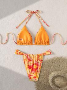Swim Vcay Women Summer 2pcs Beachwear Outfits - Reversible Lace-Up Backless Crop Top And Thong Bikini Swimwear For Vacation - Multicolor - View 7