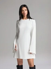 LYSMO Women's Solid Color Round Neck Side Slit Long Sleeve Casual Dress - White - View 3