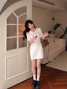 DAZY Women's Knitted Solid Color Casual Embroidered Mini Dress - White - View 9