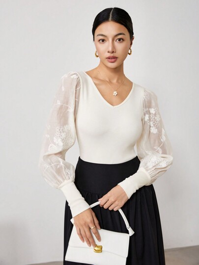 EastFlair Camiseta de mujer con mangas farol, de unicolor y elegante bordado