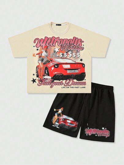 Street Life Conjunto de camiseta y pantalones cortos holgados con estampado de letras de automóvil para hombres