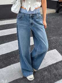 SHEIN EZwear Jeans droits amples pour femmes avec design 2 en 1, jeans boyfriend style K-pop pour femmes, streetwear pour femmes, rave, bleu - Jean bleu - Voir 4