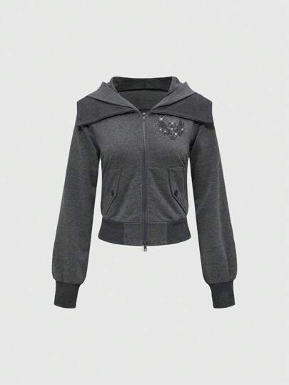 Sudadera con capucha para mujer con alas de esqueleto, estilo retro casual y Y2K, decorada con cristales y con diseño fairycore
