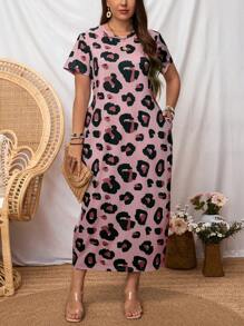 EMERY ROSE Plus Size Women Leopard Print Mid-Length Dress, Summer