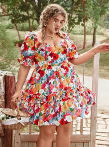 SHEIN VCAY Plus Size Floral Patchwork Print Resort Dress
