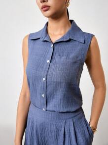 EastFlair 2pcs Women's Solid Color Sleeveless Button Up Shirt And Pants Set - Blue - View 5