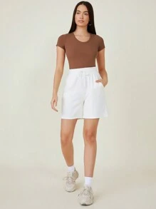 SHEIN BASICS 女士纯色圆领短袖修身休闲 T 恤 - 咖啡棕 - 查看 5