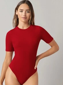 SHEIN BASICS 女士纯色圆领短袖修身紧身衣，休闲日常穿着 - 紅色 - 查看 6