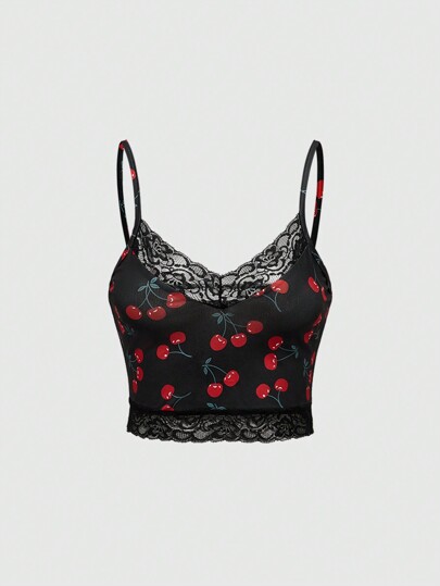 Camiseta de tirantes de verano con estampado de cerezas y aplicaciones de encaje