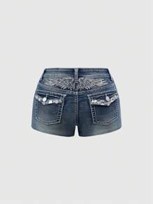 ROMWE Grunge Punk Plus Summer Y2K Rhinestone Wing Embroidered Low-Waist Shorts - Blue - View 2
