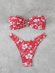 Swim Mod Women Flower Print Simple Bandeau Bikini Top And Bottom Set, For Summer Beach Vacation - Red - View 3