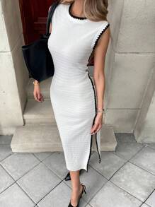 SHEIN Essnce Spring/Summer Women's Color Block Shell Embroidered Slim Fit Sleeveless Side Slit Mid-Length Dress