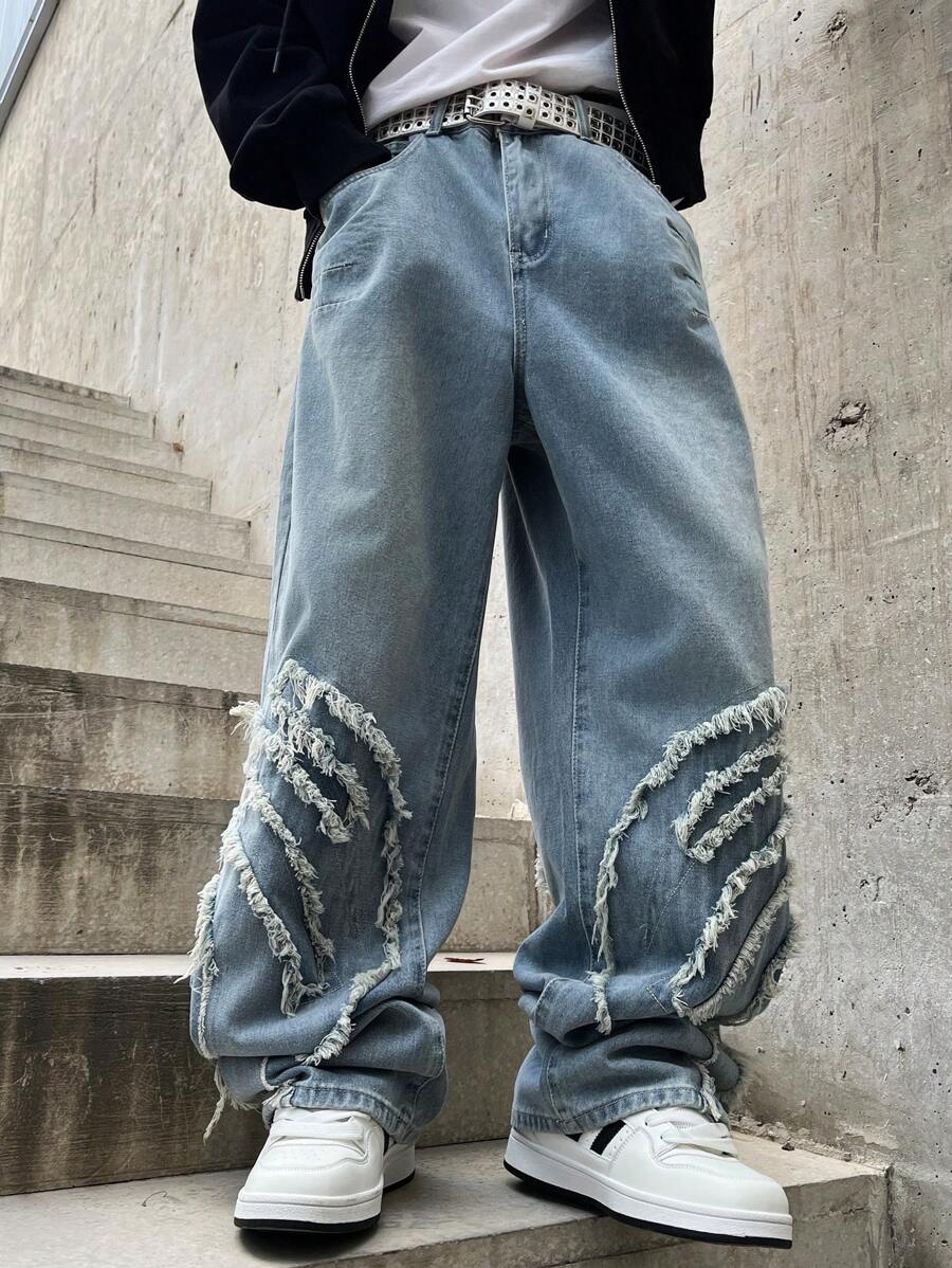 Manfinity EMRG Jeans casuales de pierna ancha con bolsillo remendado y deshilachado para hombres
