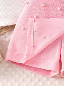 2pcs/Set Young Girl Ribbed Cap Sleeve Ruffle Hem 2 In 1 Beaded Shorts Autumn Outfit - Pink - View 7