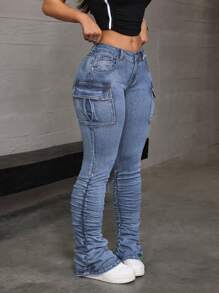 SHEIN ICON Quần Jeans Cargo Ôm Vừa Vặn Thường Ngày Cho Nữ - Màu xanh bụi bặm - Xem 2