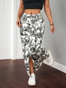SHEIN Essnce Women's Plant Printed Long Casual Denim Skirt - Multicolor - View 4