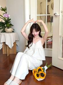 DAZY Women's Casual Solid Color Sling Top With Ruffle Trim,Women Two Piece Sets - Apricot - View 6