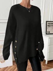 EURMUSE Women's Solid Color Long Sleeve Simple Side Button Round Neck Casual Pullover - Black - View 1