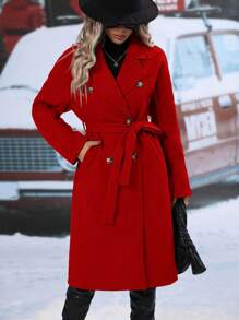 EMERY ROSE Lapel Neck Double Breasted Belted Overcoat For New Year Clothes - Red - View 7