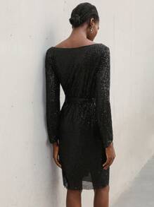 Femmeiva Elegant Business/Party Sequin Midi Dress, Off Shoulder, Waist Belt, Front Slit, Long Sleeve, Suitable For Multiple Occasions Fall Cloth For Women - Black - View 4
