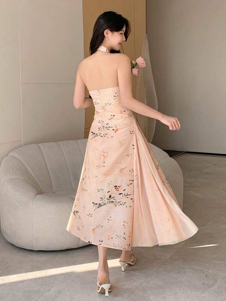 All-Over Floral Print Stand Collar Hang Neck Mid-Long Qipao Dress For Women Sundress