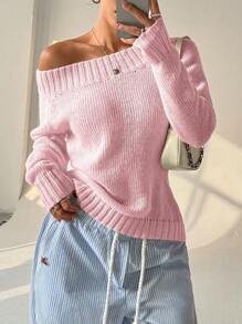Flirla Women Oblique Shoulder Asymmetrical Neck Dual-Wear Solid Color Long Sleeve Sweater, Autumn/Winter