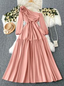 SHEIN LUNE Váy in hoa cổ bất đối xứng thanh lịch dệt kim cỡ lớn - Hồng - Xem 1