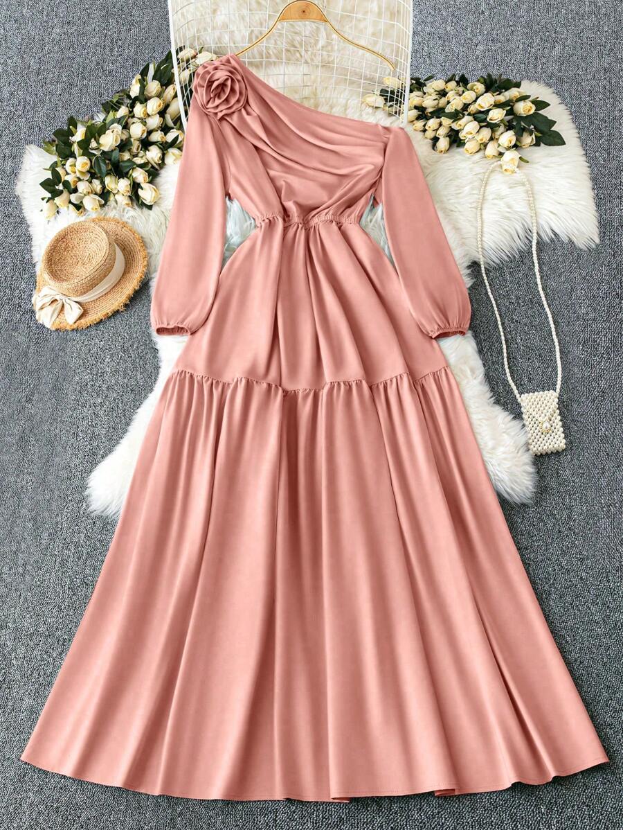 SHEIN LUNE Váy in hoa cổ bất đối xứng thanh lịch dệt kim cỡ lớn - Hồng - Xem 1