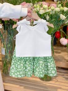 SHEIN LMoss Kids LMoss 女婴针织纯色吊带背心 + 印花雪纺迷你裙 2 件套 - 白色 - 查看 3