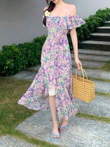 DAZY Vestido de verano de tirantes caídos con volantes y estampado floral pequeño para vacaciones informales, vestido de cuello barco tipo corset para el sol