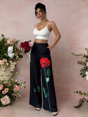 Rafferiza Romantic Floral & Rose Print Elegant Casual Commuting Wide Leg Trousers